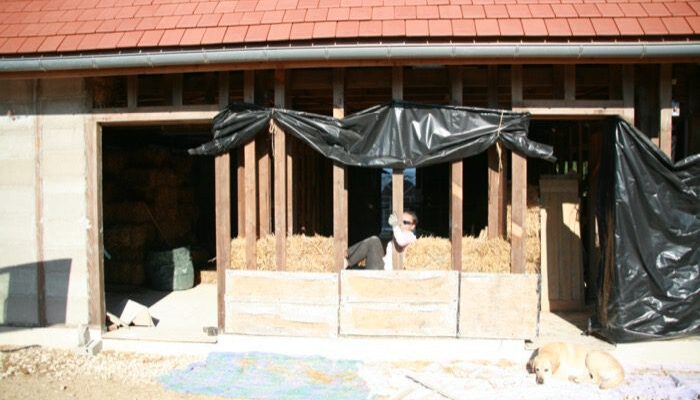 Carole, compresse la paille de l'ossature GREB 2014